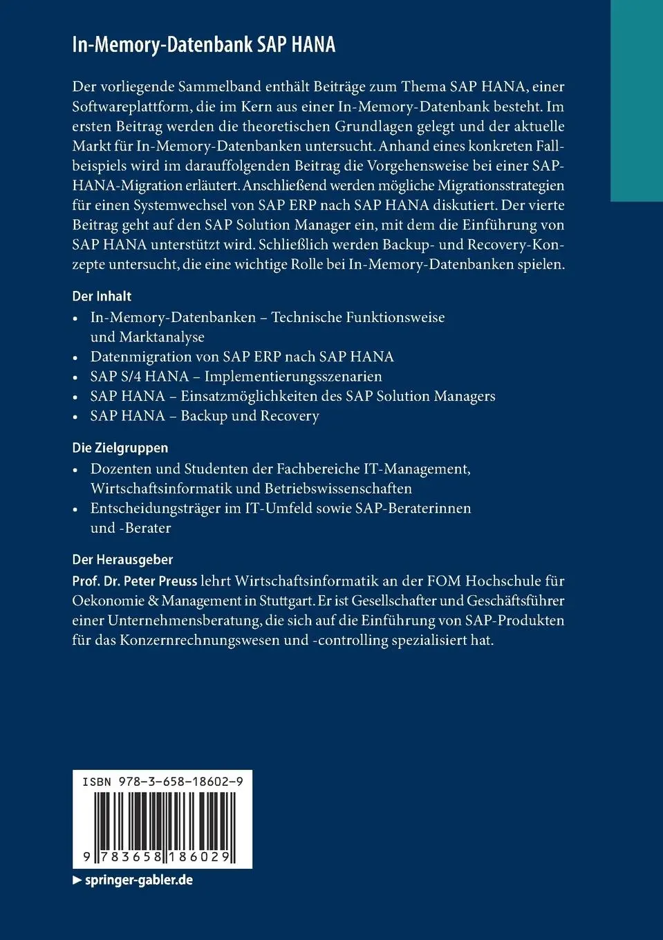 Rückseite: 9783658186029 | In-Memory-Datenbank SAP HANA | Peter Preuss | Taschenbuch | x | 2017