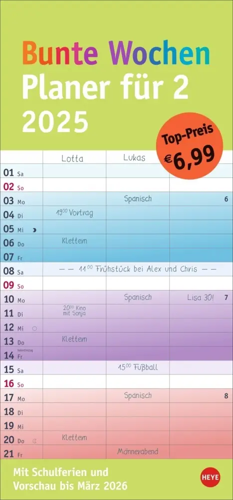 Cover: 9783756406029 | Bunte Wochen Planer für 2 2025 | Kalender | Spiralbindung | Deutsch