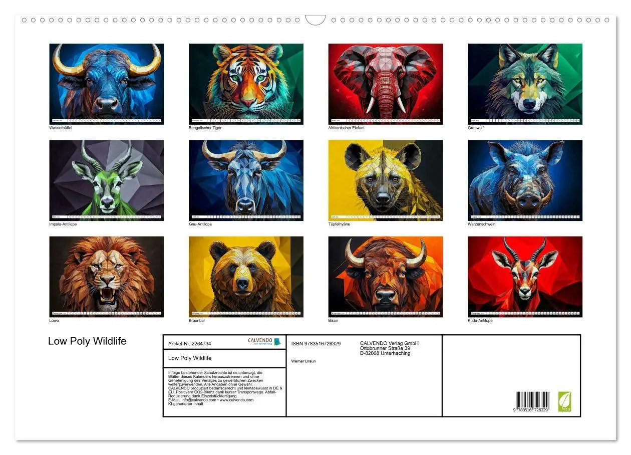 Bild: 9783516726329 | Low Poly Wildlife (Wandkalender 2026 DIN A2 quer), CALVENDO...