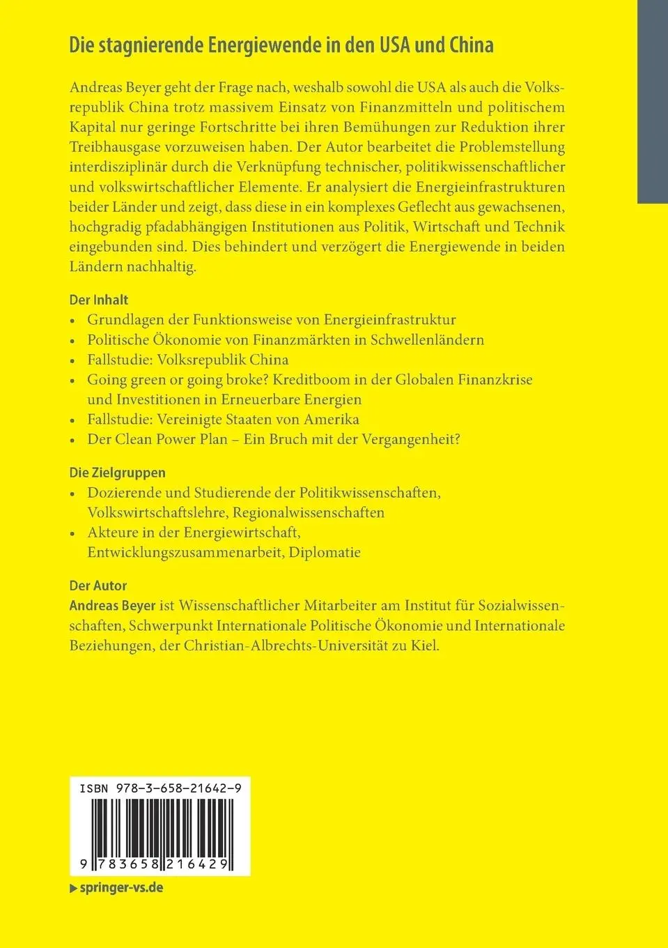 Rückseite: 9783658216429 | Die stagnierende Energiewende in den USA und China | Andreas Beyer