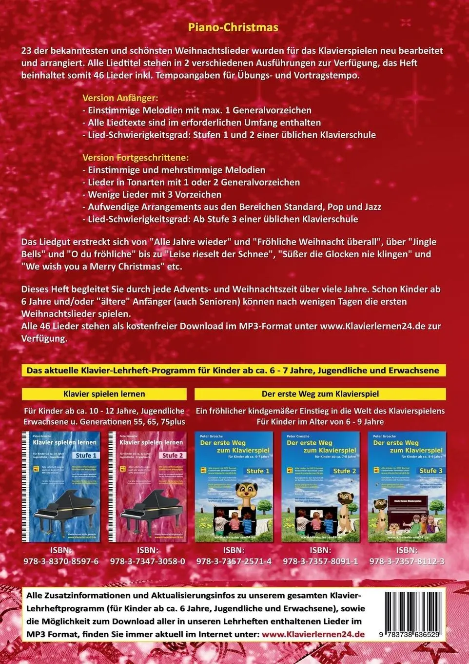 Rückseite: 9783738636529 | Piano-Christmas - Weihnachtslieder für das Klavierspielen | Grosche