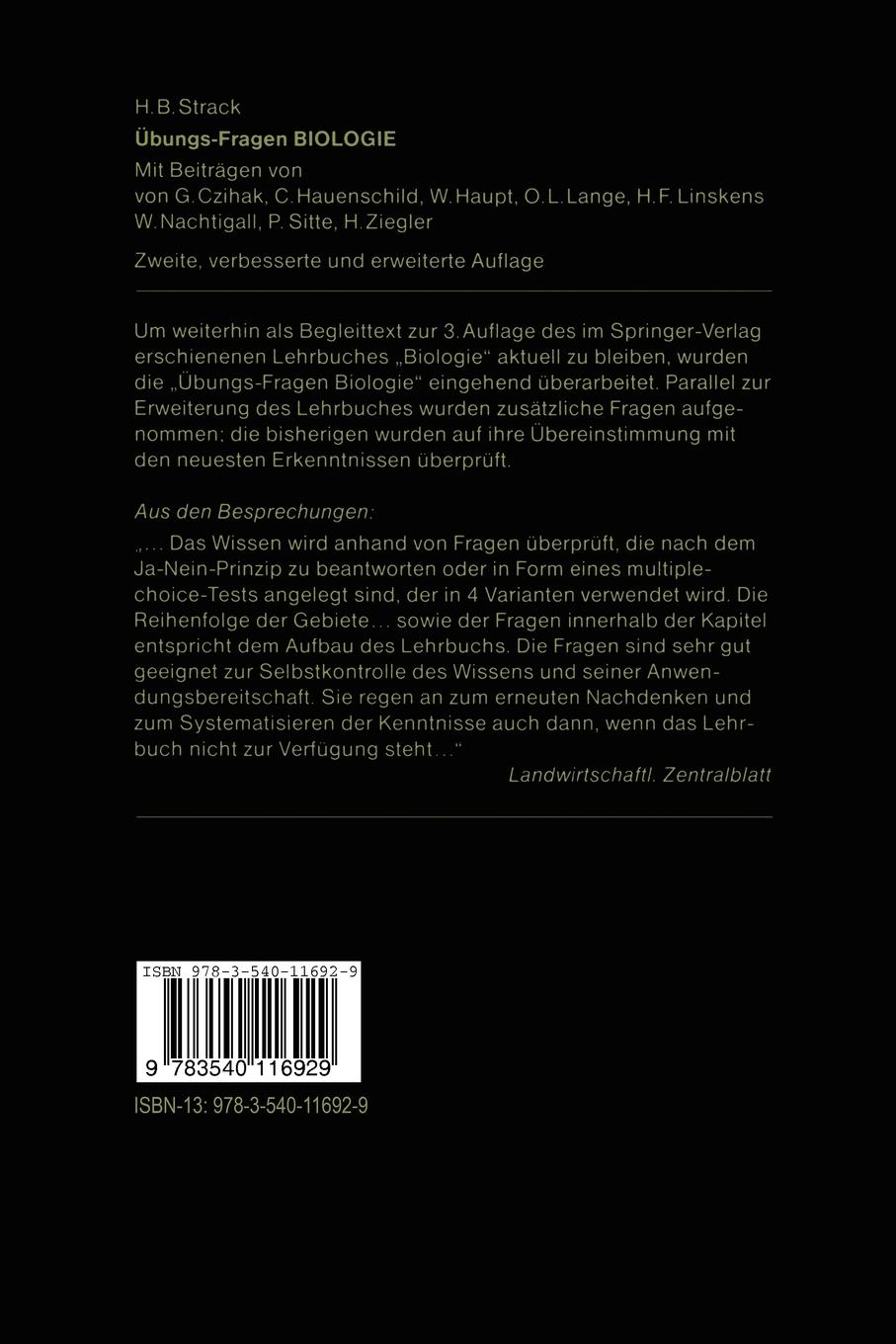 Rückseite: 9783540116929 | Übungs-Fragen Biologie | H. -B. Strack | Taschenbuch | vi | Deutsch