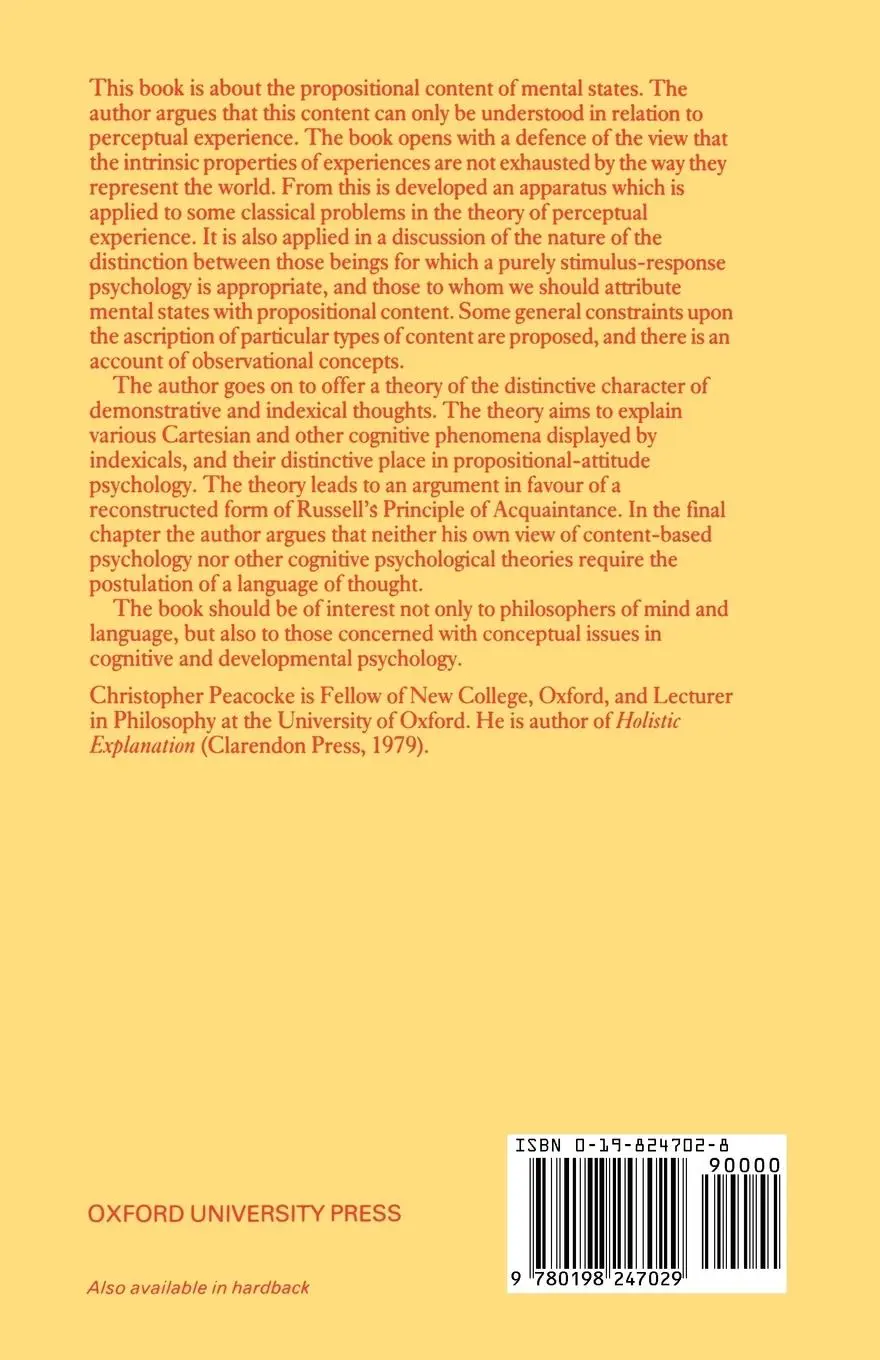 Rückseite: 9780198247029 | Sense and Content | Christopher Peacocke | Taschenbuch | Englisch