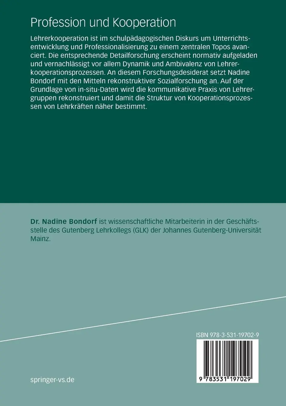 Rückseite: 9783531197029 | Profession und Kooperation | Nadine Bondorf | Taschenbuch | i | 2012