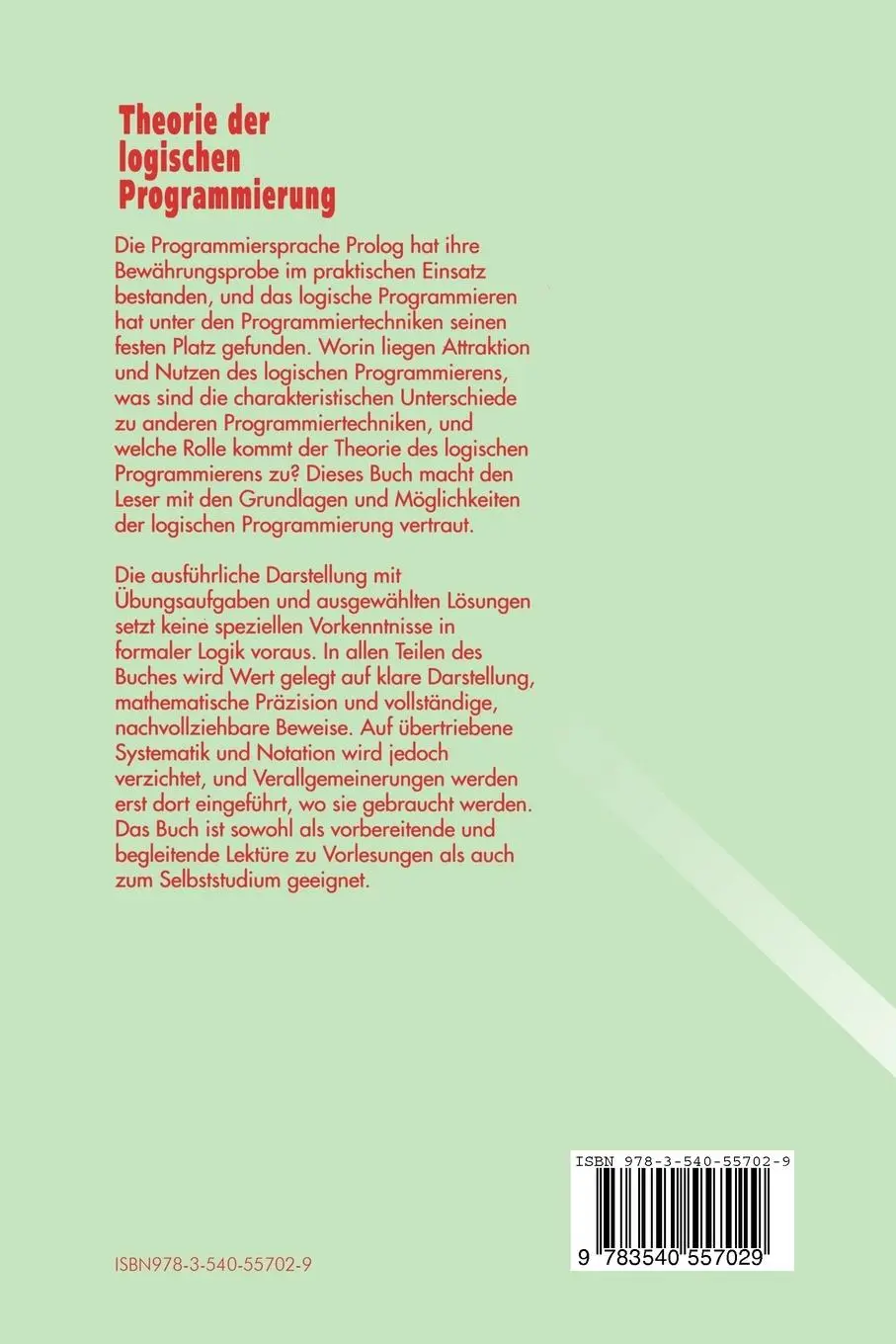 Rückseite: 9783540557029 | Theorie der logischen Programmierung | Eine elementare Einführung