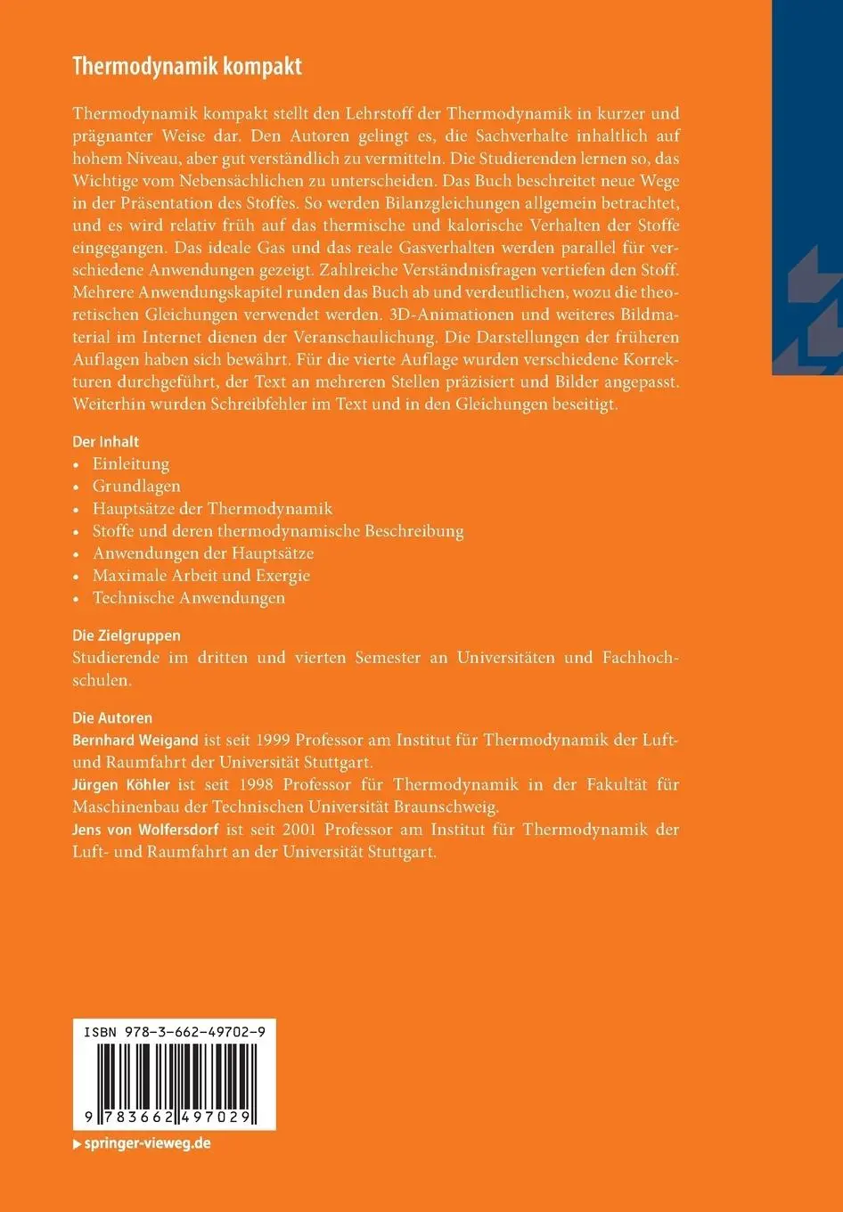 Rückseite: 9783662497029 | Thermodynamik kompakt | Bernhard Weigand (u. a.) | Taschenbuch | xxi