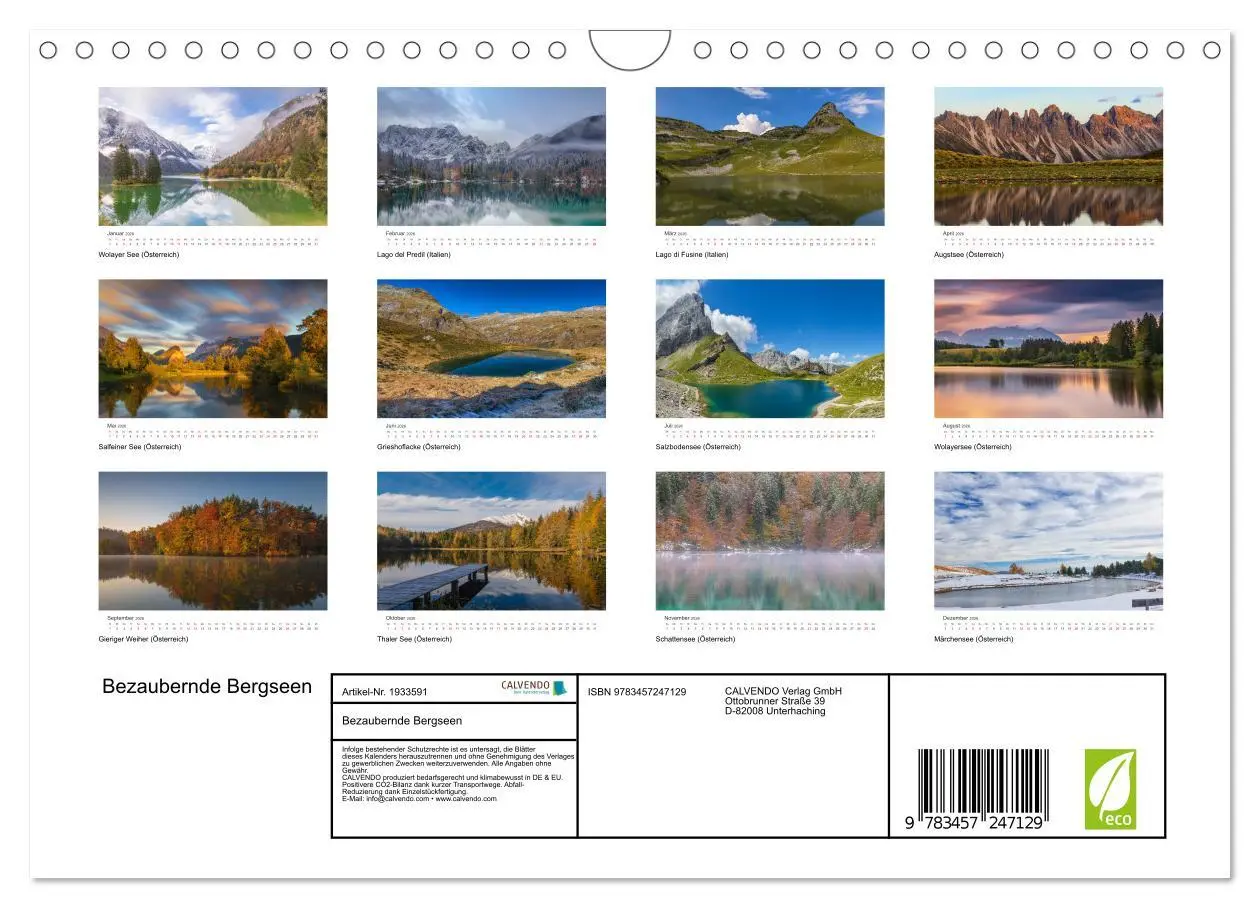 Bild: 9783457247129 | Bezaubernde Bergseen (Wandkalender 2026 DIN A4 quer), CALVENDO...