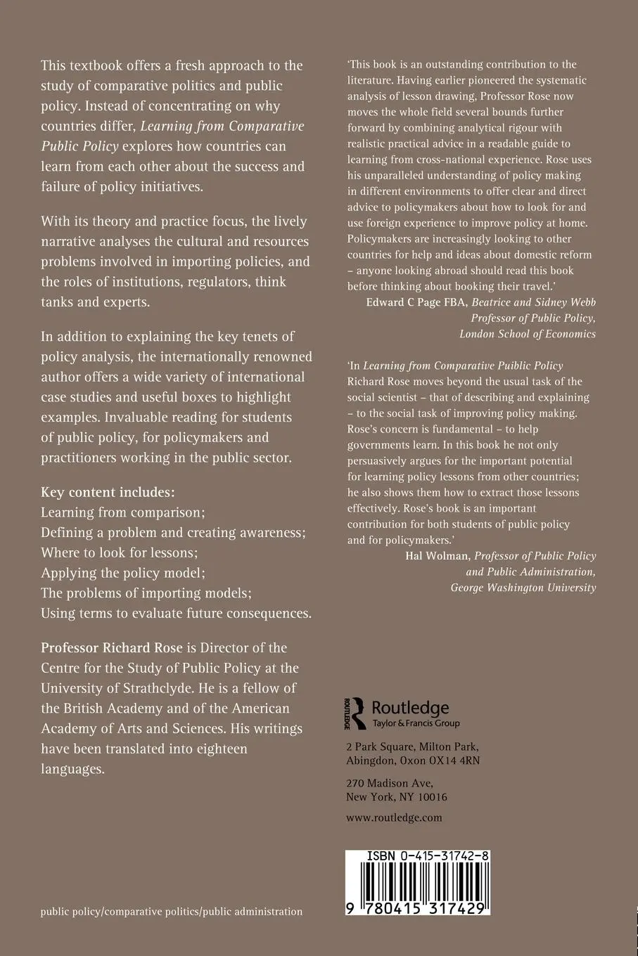 Rückseite: 9780415317429 | Learning From Comparative Public Policy | A Practical Guide | Rose