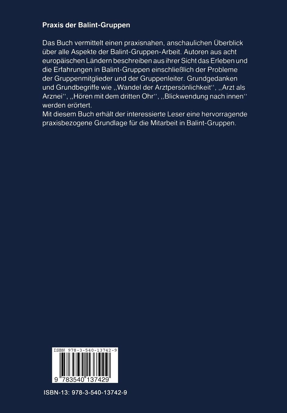 Rückseite: 9783540137429 | Praxis der Balint-Gruppen | Boris Luban-Plozza (u. a.) | Taschenbuch