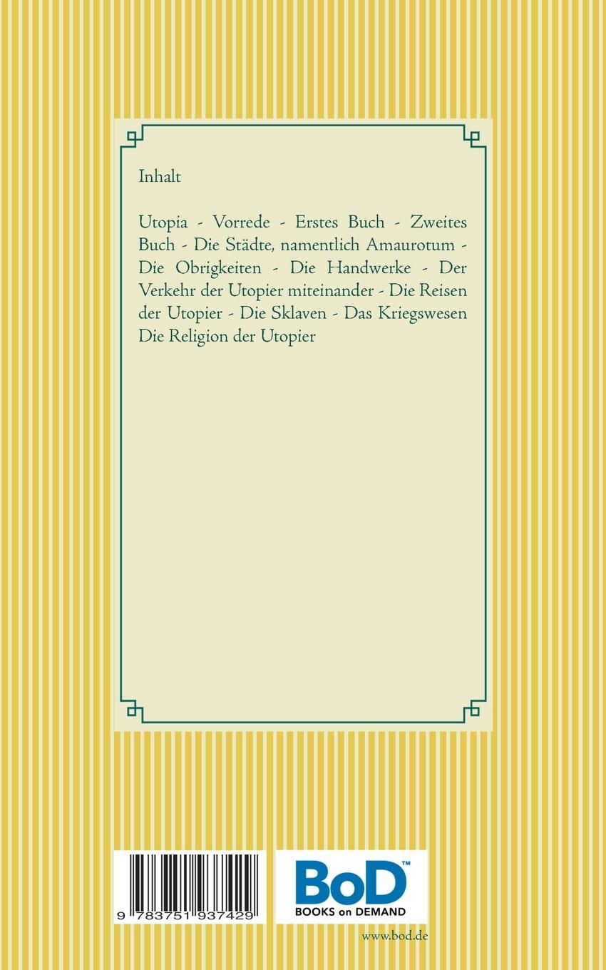 Rückseite: 9783751937429 | Utopia | Thomas Morus | Taschenbuch | 156 S. | Deutsch | 2020