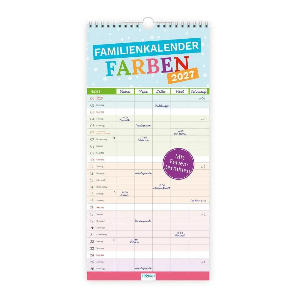 Cover: 9783988027429 | TRÖTSCH - Familienkalender Farben 2027 | Wandkalender | KG | Kalender