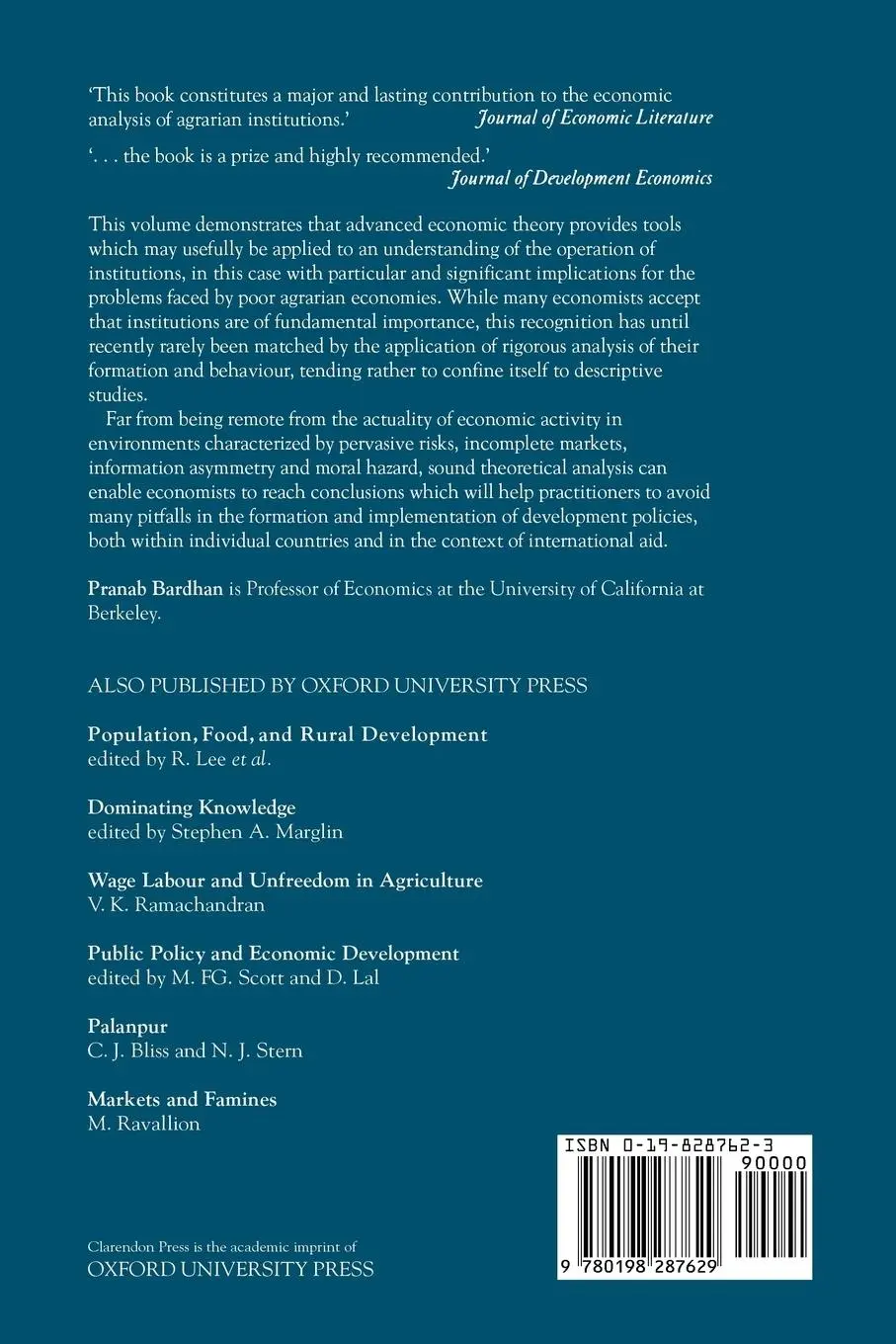 Rückseite: 9780198287629 | The Economic Theory of Agrarian Institutions | Pranab K. Bardhan