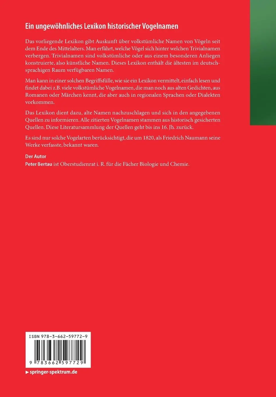 Rückseite: 9783662597729 | Ein ungewöhnliches Lexikon historischer Vogelnamen | Peter Bertau | v
