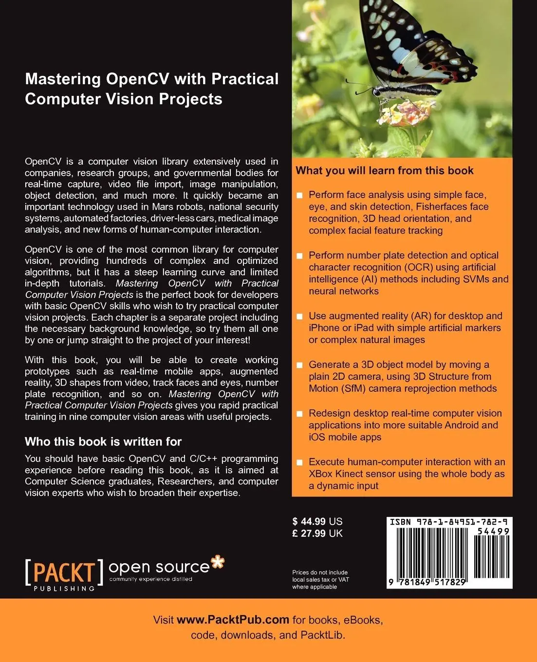 Rückseite: 9781849517829 | Mastering Opencv with Practical Computer Vision Projects | Taschenbuch
