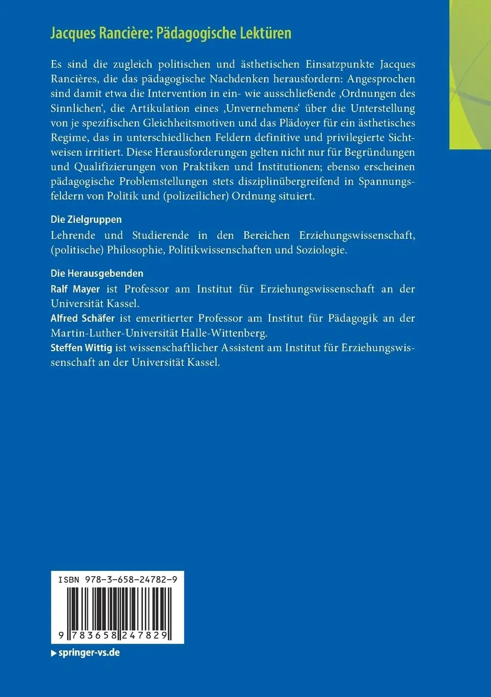 Rückseite: 9783658247829 | Jacques Rancière: Pädagogische Lektüren | Ralf Mayer (u. a.) | Buch