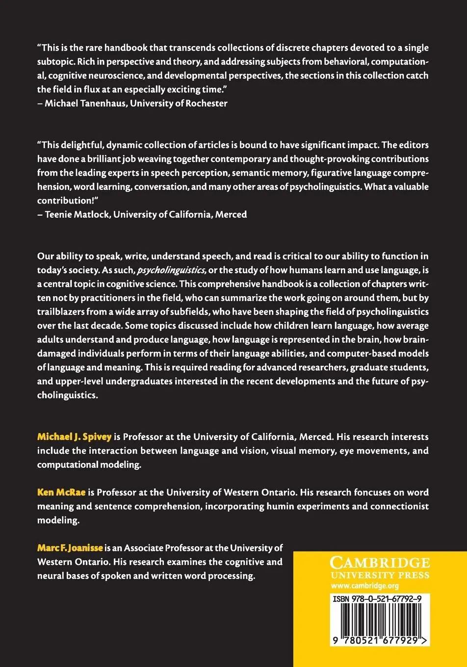 Rückseite: 9780521677929 | The Cambridge Handbook of Psycholinguistics | Michael Spivey (u. a.)