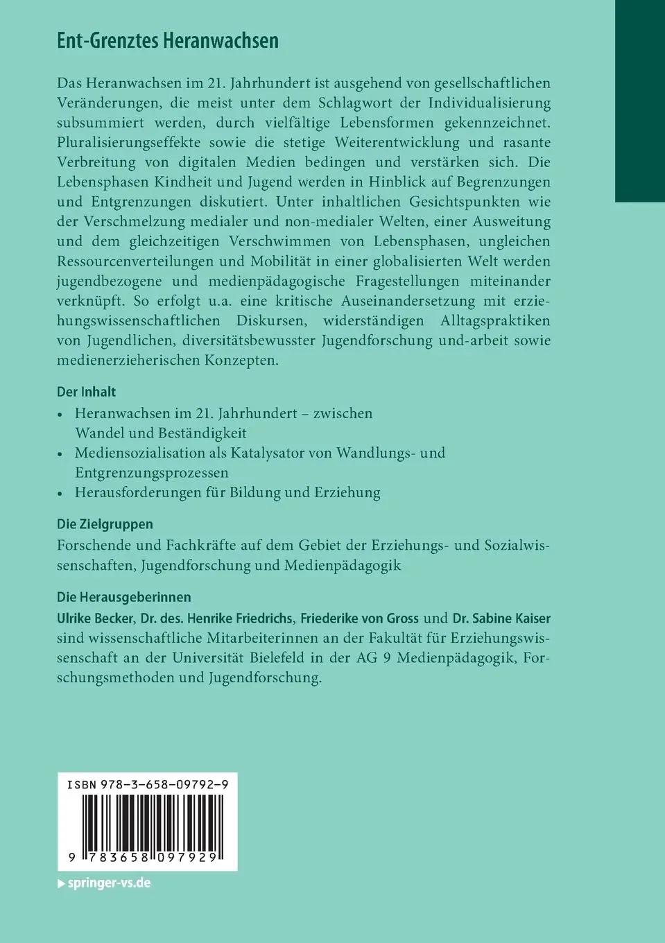 Rückseite: 9783658097929 | Ent-Grenztes Heranwachsen | Ulrike Becker (u. a.) | Taschenbuch | xiv