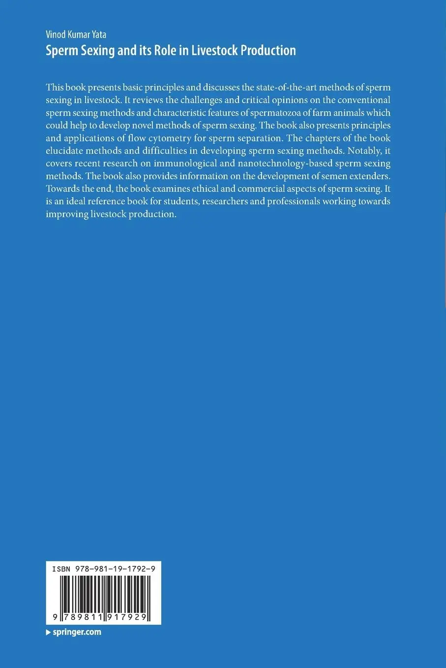 Rückseite: 9789811917929 | Sperm Sexing and its Role in Livestock Production | Vinod Kumar Yata