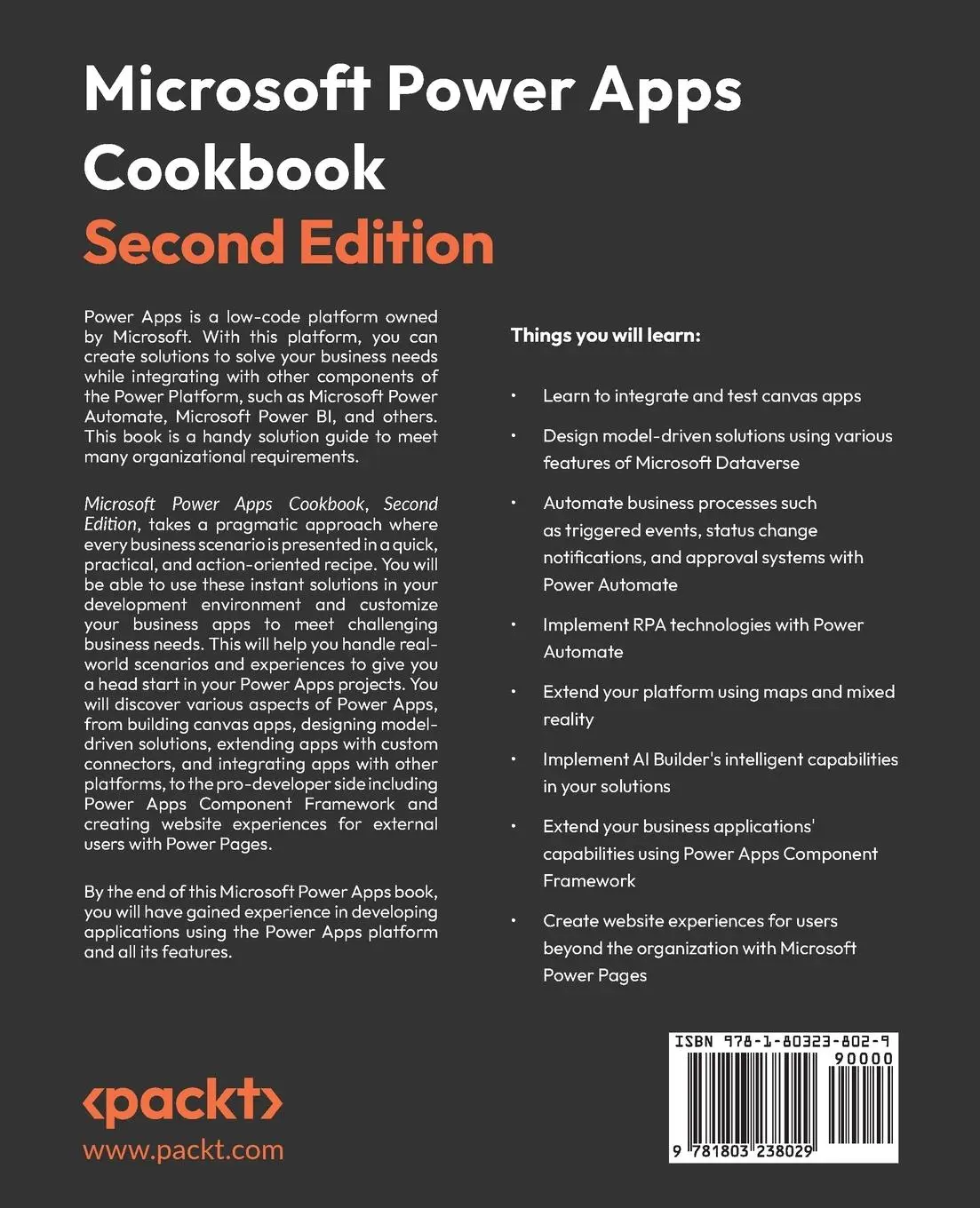Rückseite: 9781803238029 | Microsoft Power Apps Cookbook - Second Edition | Eickhel Mendoza