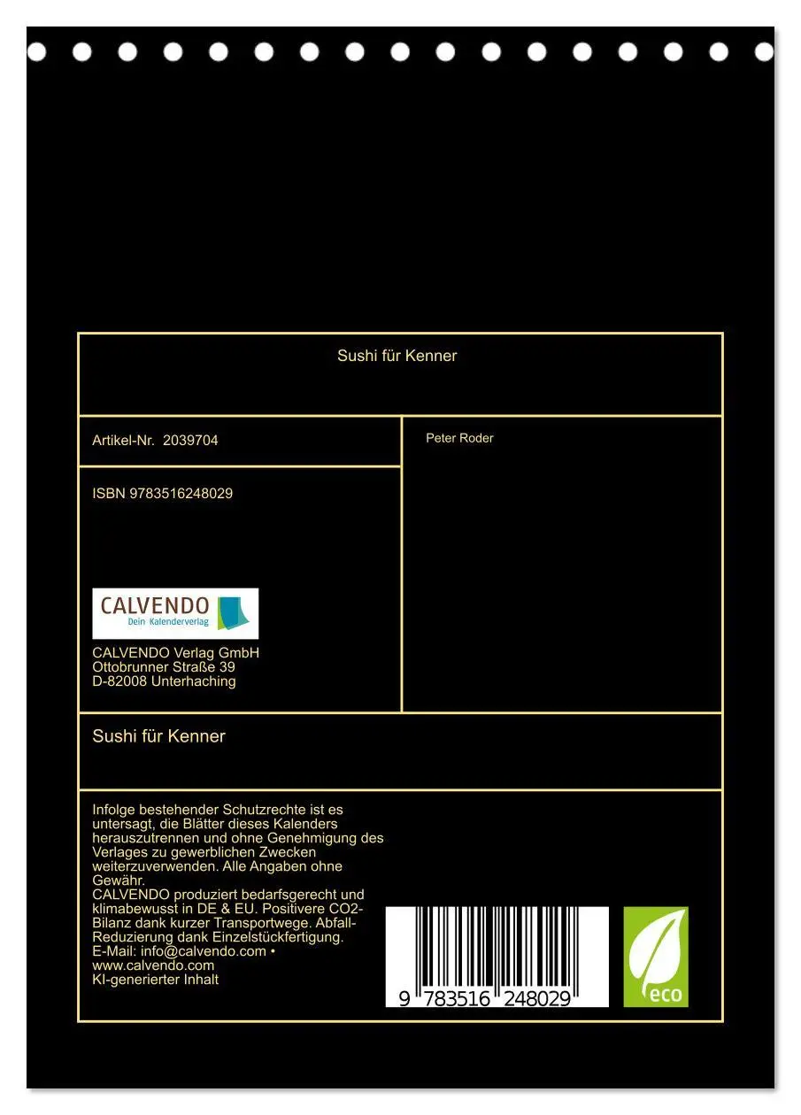Bild: 9783516248029 | Sushi für Kenner (Tischkalender 2026 DIN A5 hoch), CALVENDO...