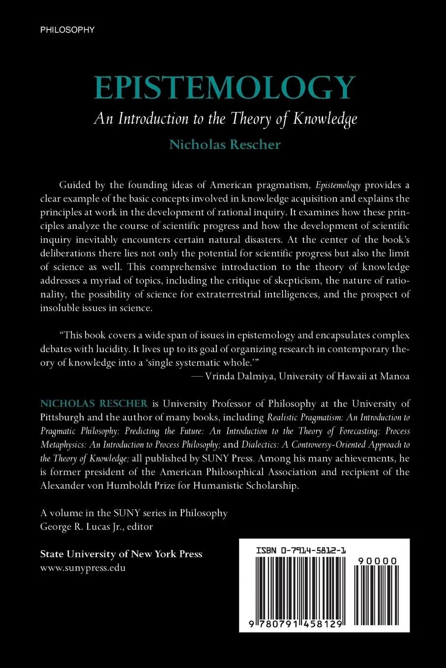 Rückseite: 9780791458129 | Epistemology | An Introduction to the Theory of Knowledge | Rescher