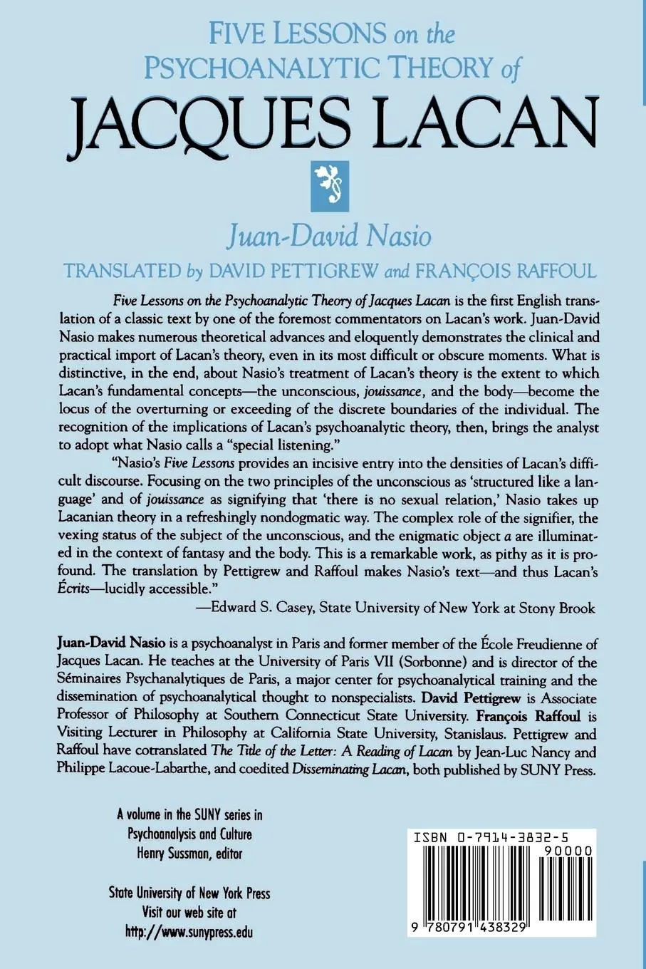 Rückseite: 9780791438329 | Five Lessons on the Psychoanalytic Theory of Jacques Lacan | Nasio