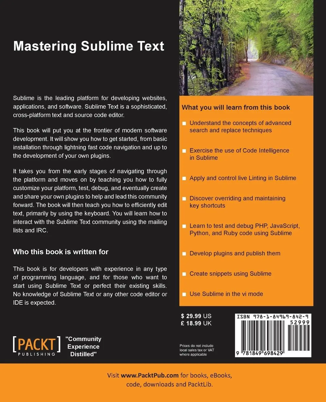 Rückseite: 9781849698429 | Mastering Sublime Text | Dan Peleg | Taschenbuch | Englisch | 2013