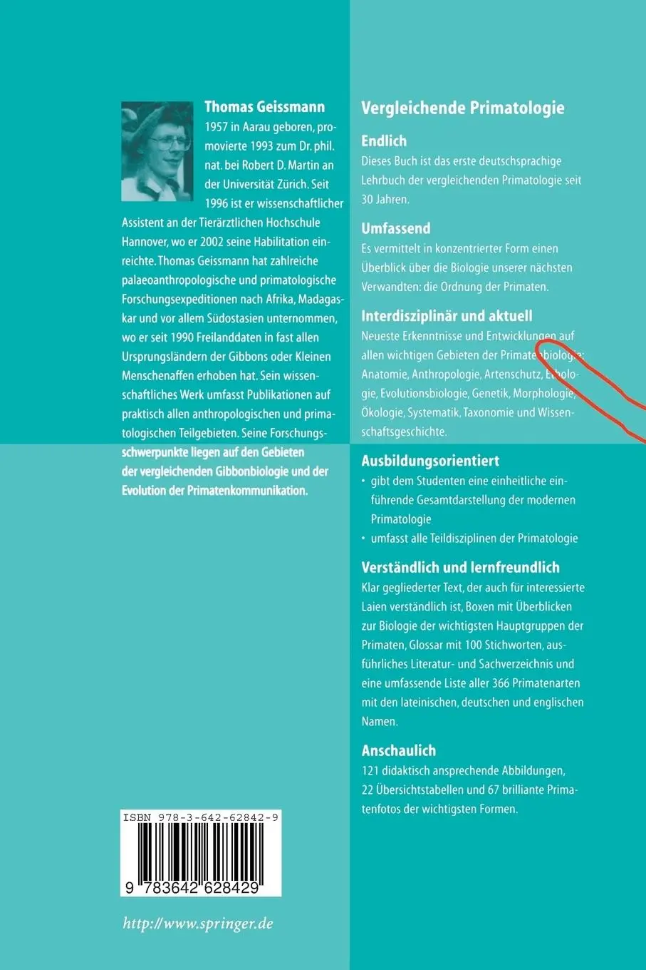 Rückseite: 9783642628429 | Vergleichende Primatologie | Thomas Geissmann | Taschenbuch | xii