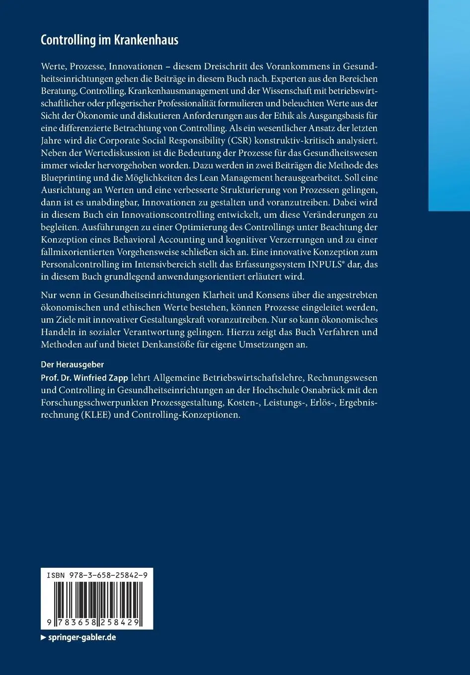 Rückseite: 9783658258429 | Controlling im Krankenhaus | Winfried Zapp | Taschenbuch | xvii | 2019