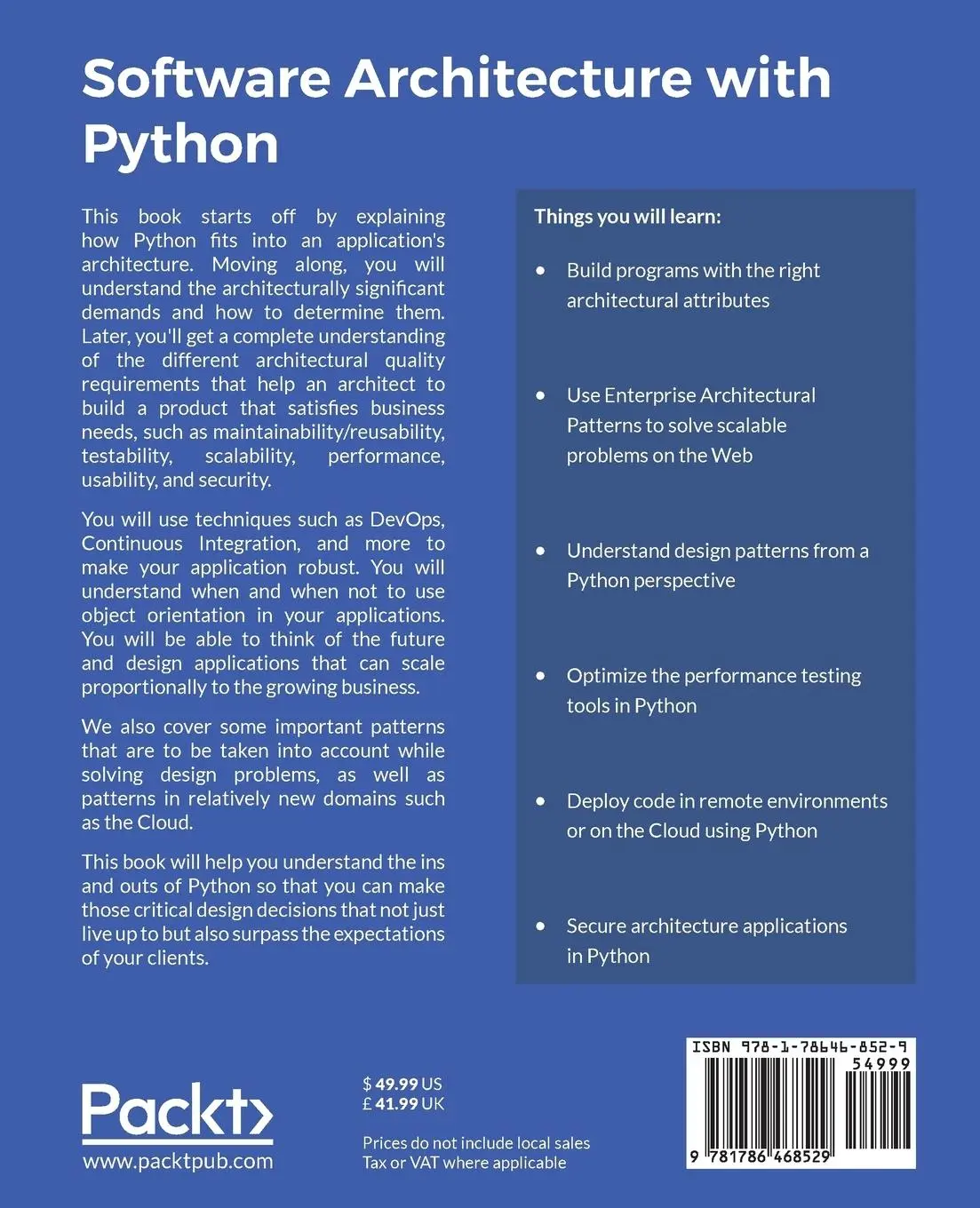 Rückseite: 9781786468529 | Software Architecture with Python | Anand Balachandran Pillai | Buch