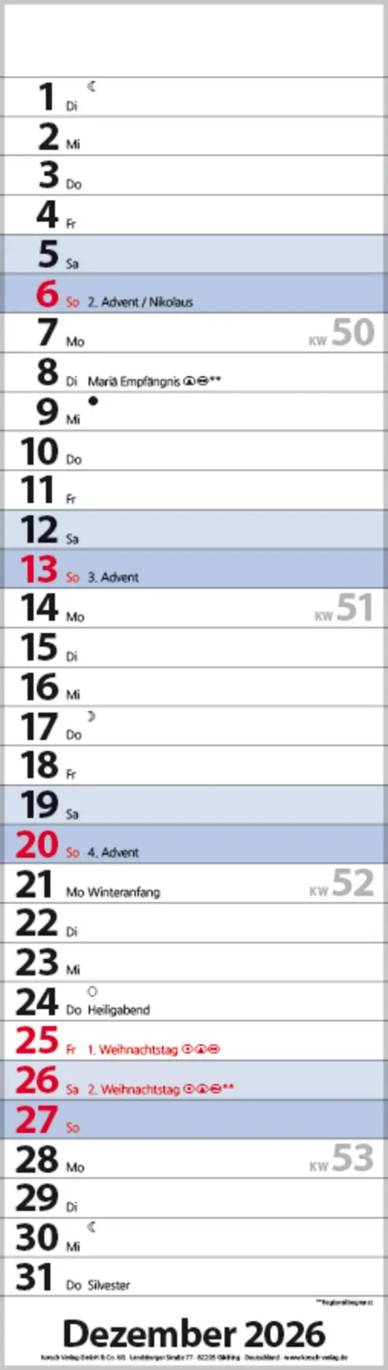 Bild: 9783731888529 | Streifenplaner Mini Blau 2026 | Verlag Korsch | Kalender | 13 S.