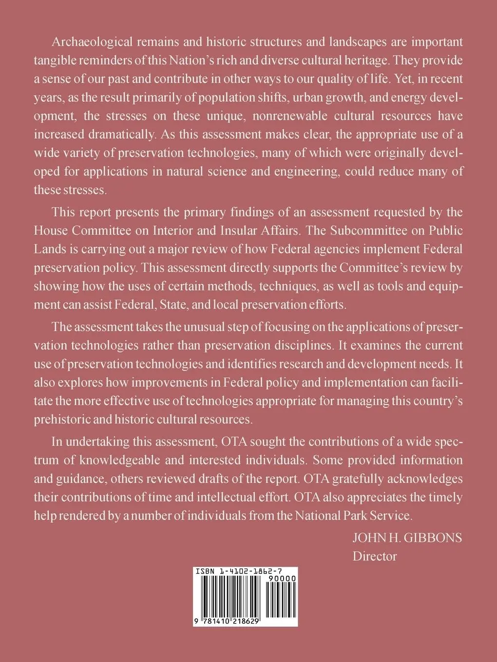 Rückseite: 9781410218629 | Technologies for Prehistoric and Historic Preservation | Assessment