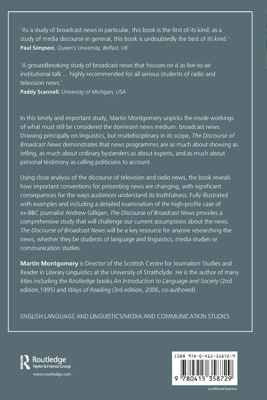 Rückseite: 9780415358729 | The Discourse of Broadcast News | A Linguistic Approach | Montgomery