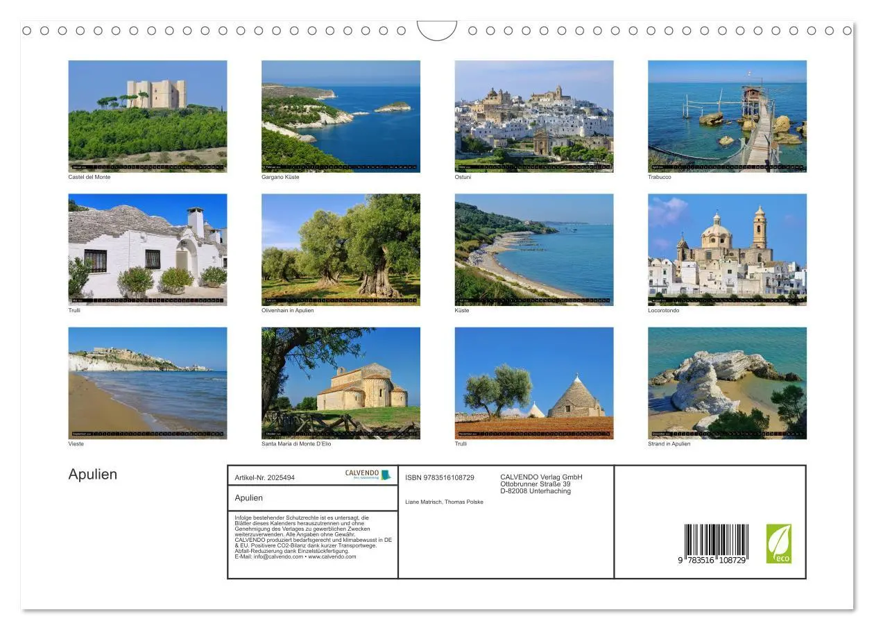 Bild: 9783516108729 | Apulien (Wandkalender 2026 DIN A3 quer), CALVENDO Monatskalender
