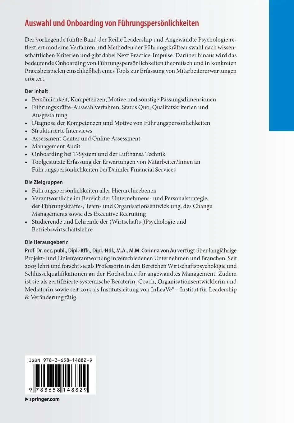 Rückseite: 9783658148829 | Auswahl und Onboarding von Führungspersönlichkeiten | Corinna von Au