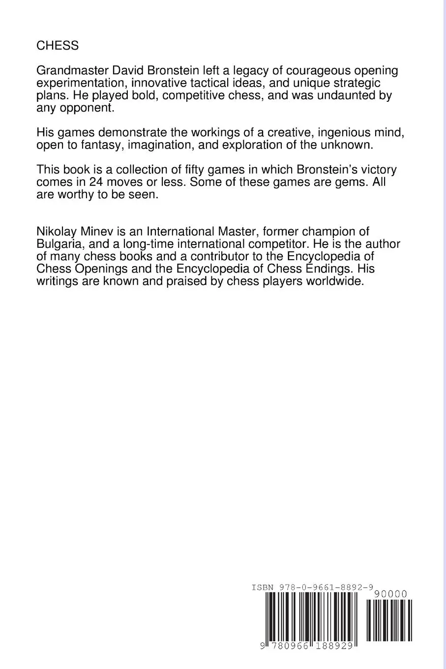 Rückseite: 9780966188929 | David Bronstein | Fifty Great Short Games | Nikolay Minev | Buch