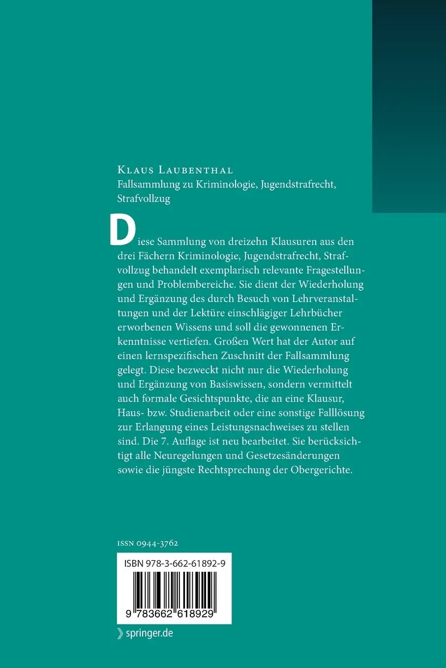 Rückseite: 9783662618929 | Fallsammlung zu Kriminologie, Jugendstrafrecht, Strafvollzug | Buch