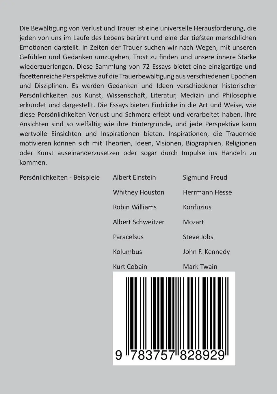 Rückseite: 9783757828929 | Trauerbewältigung aus Sicht berühmter Persönlichkeiten | Essaysammlung