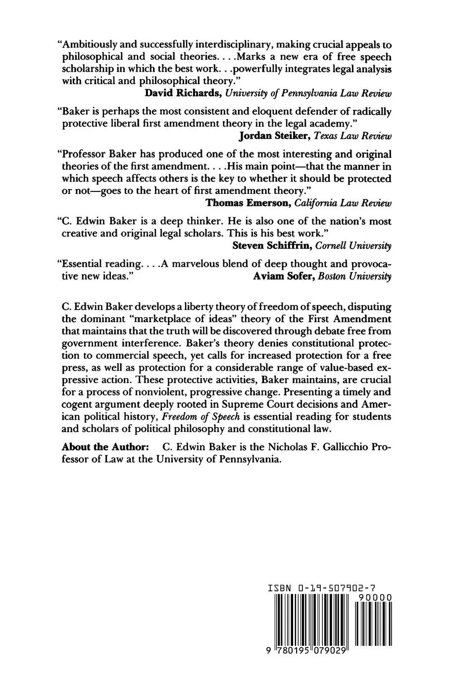 Rückseite: 9780195079029 | Human Liberty and Freedom of Speech | C. Edwin Baker | Taschenbuch