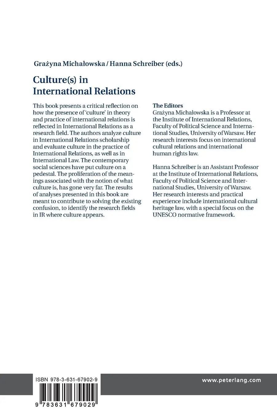 Rückseite: 9783631679029 | Culture(s) in International Relations | Hanna Schreiber (u. a.) | Buch