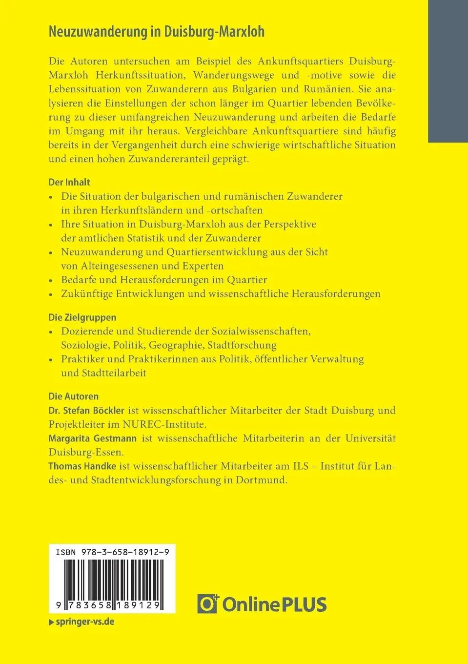 Rückseite: 9783658189129 | Neuzuwanderung in Duisburg-Marxloh | Stefan Böckler (u. a.) | Buch