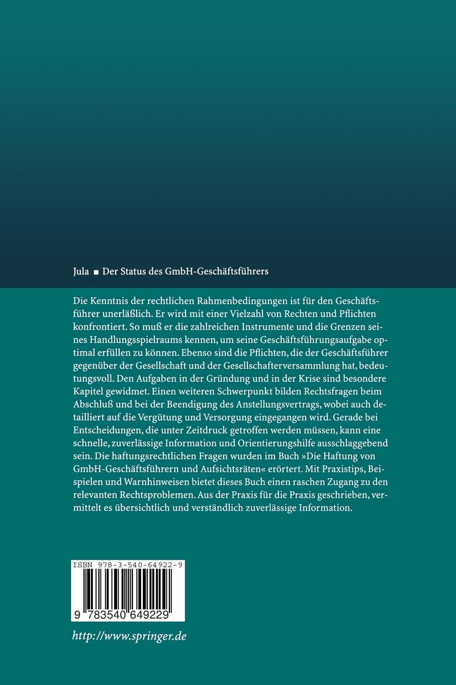 Rückseite: 9783540649229 | Der Status des GmbH-Geschäftsführers | Rocco Jula | Taschenbuch | 1999