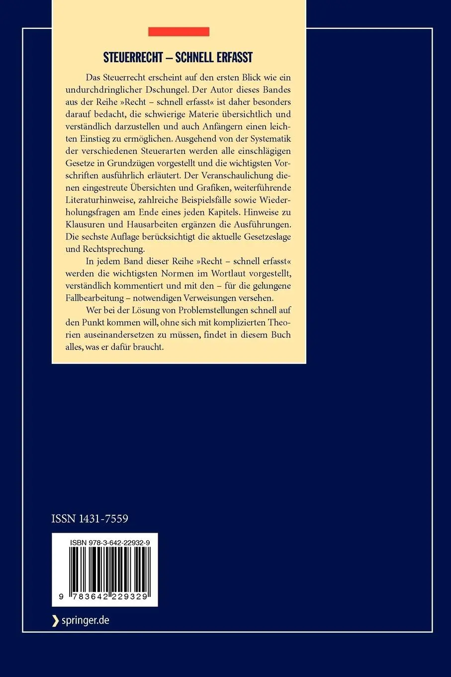 Rückseite: 9783642229329 | Steuerrecht - Schnell erfasst | Volker Kreft | Taschenbuch | ix | 2012