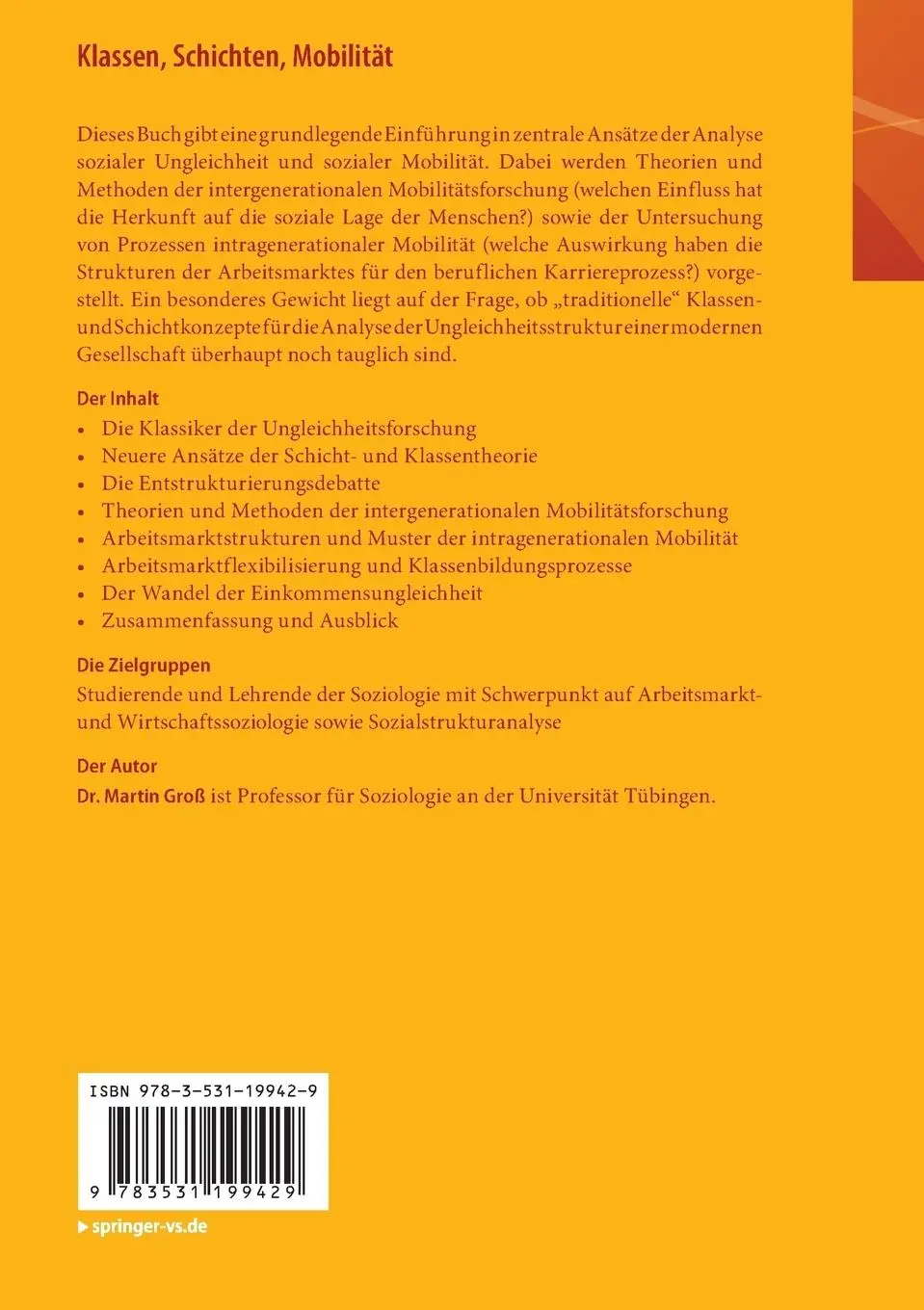 Rückseite: 9783531199429 | Klassen, Schichten, Mobilität | Eine Einführung | Martin Groß | Buch