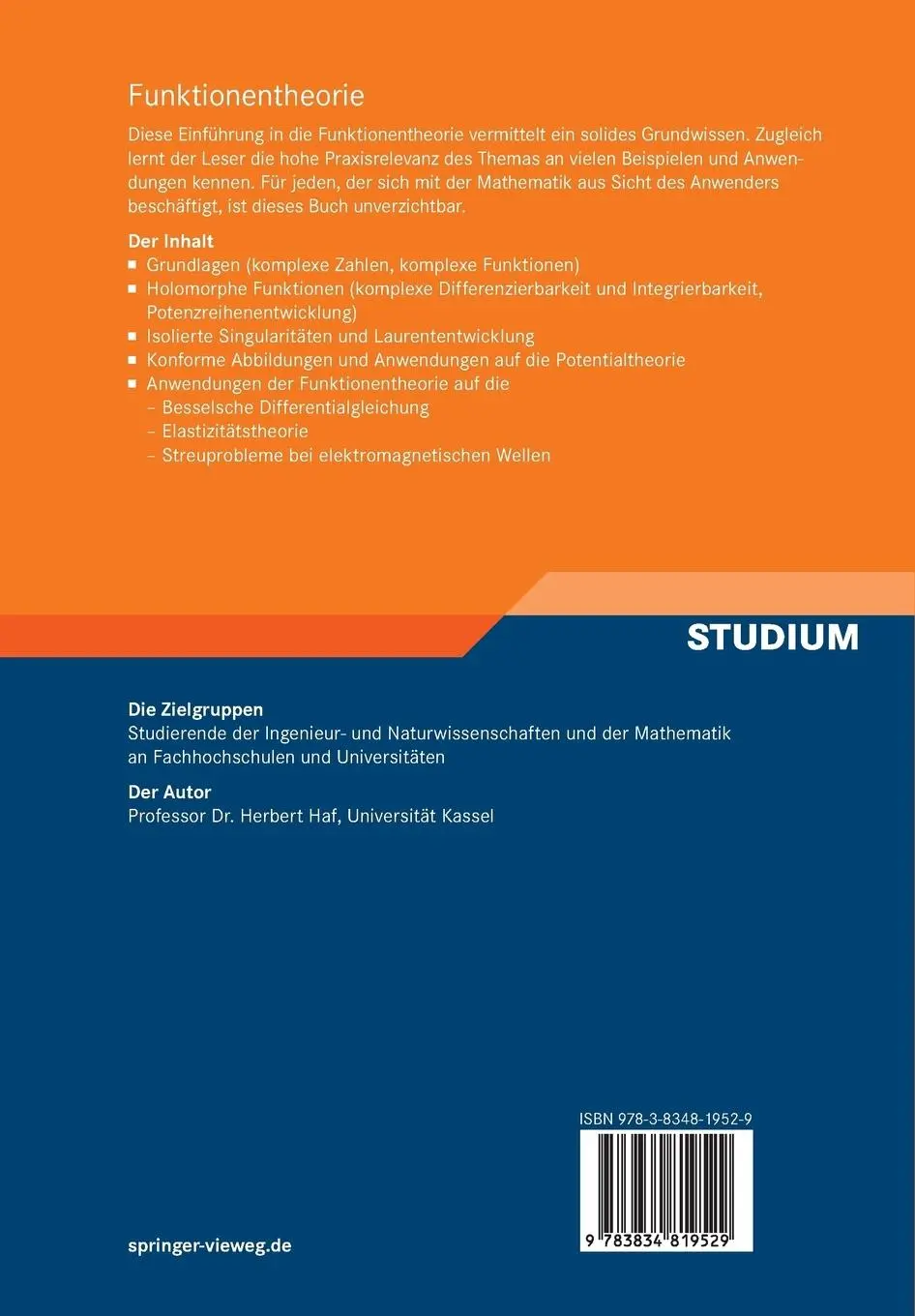 Rückseite: 9783834819529 | Funktionentheorie | Klemens Burg (u. a.) | Taschenbuch | xvi | Deutsch