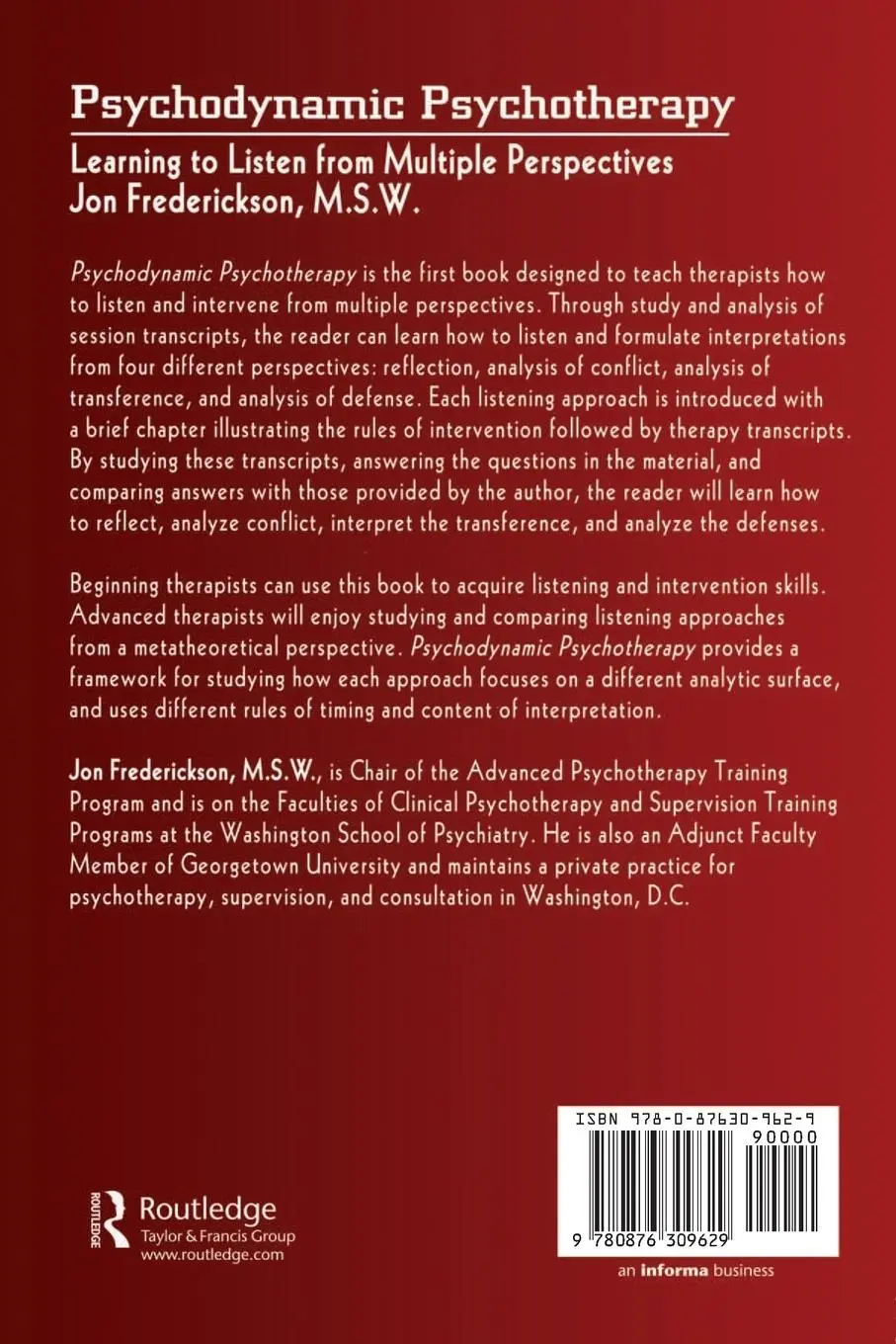 Rückseite: 9780876309629 | Psychodynamic Psychotherapy | Jon Frederickson | Taschenbuch | 1998