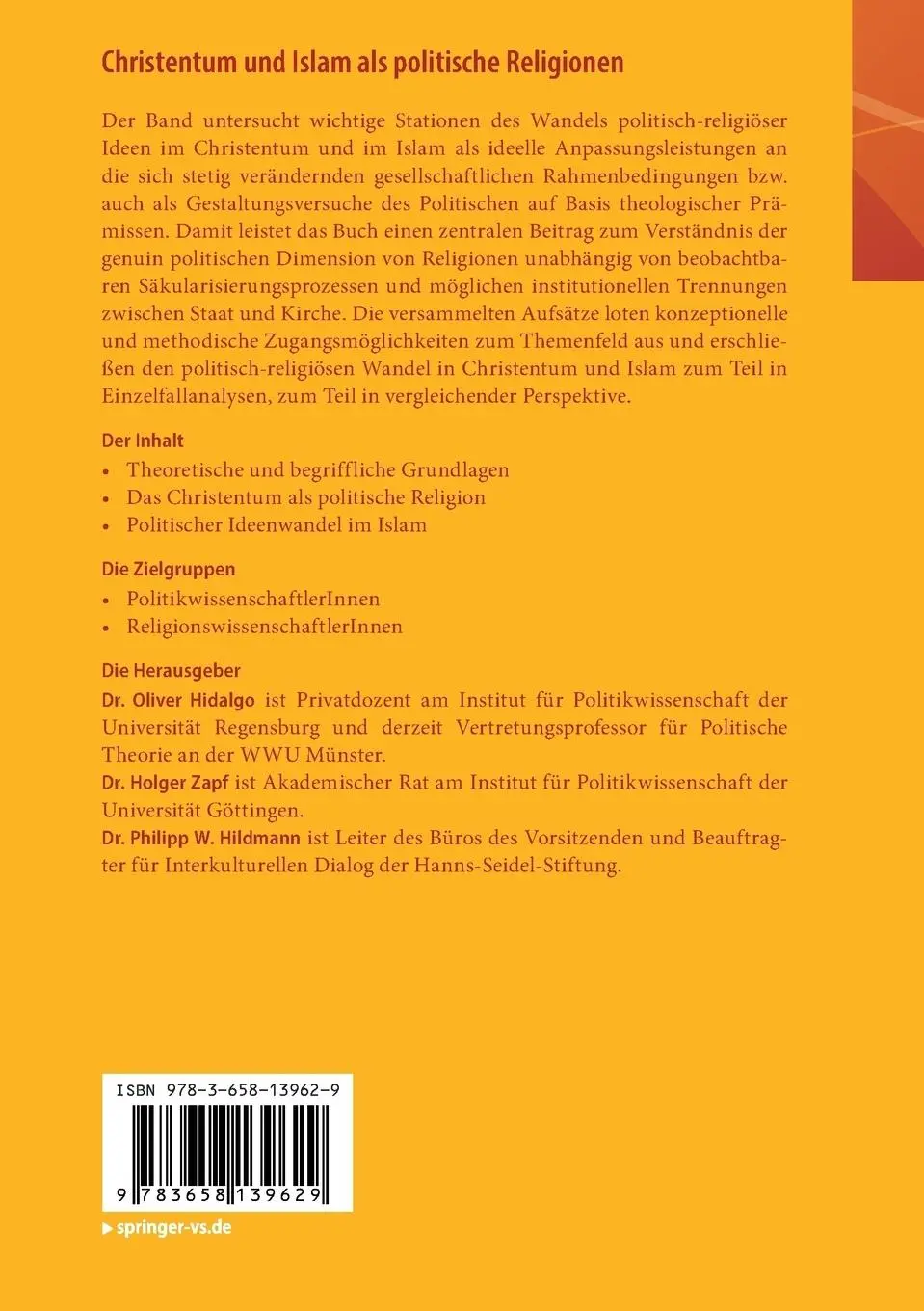 Rückseite: 9783658139629 | Christentum und Islam als politische Religionen | Hidalgo (u. a.) | ix
