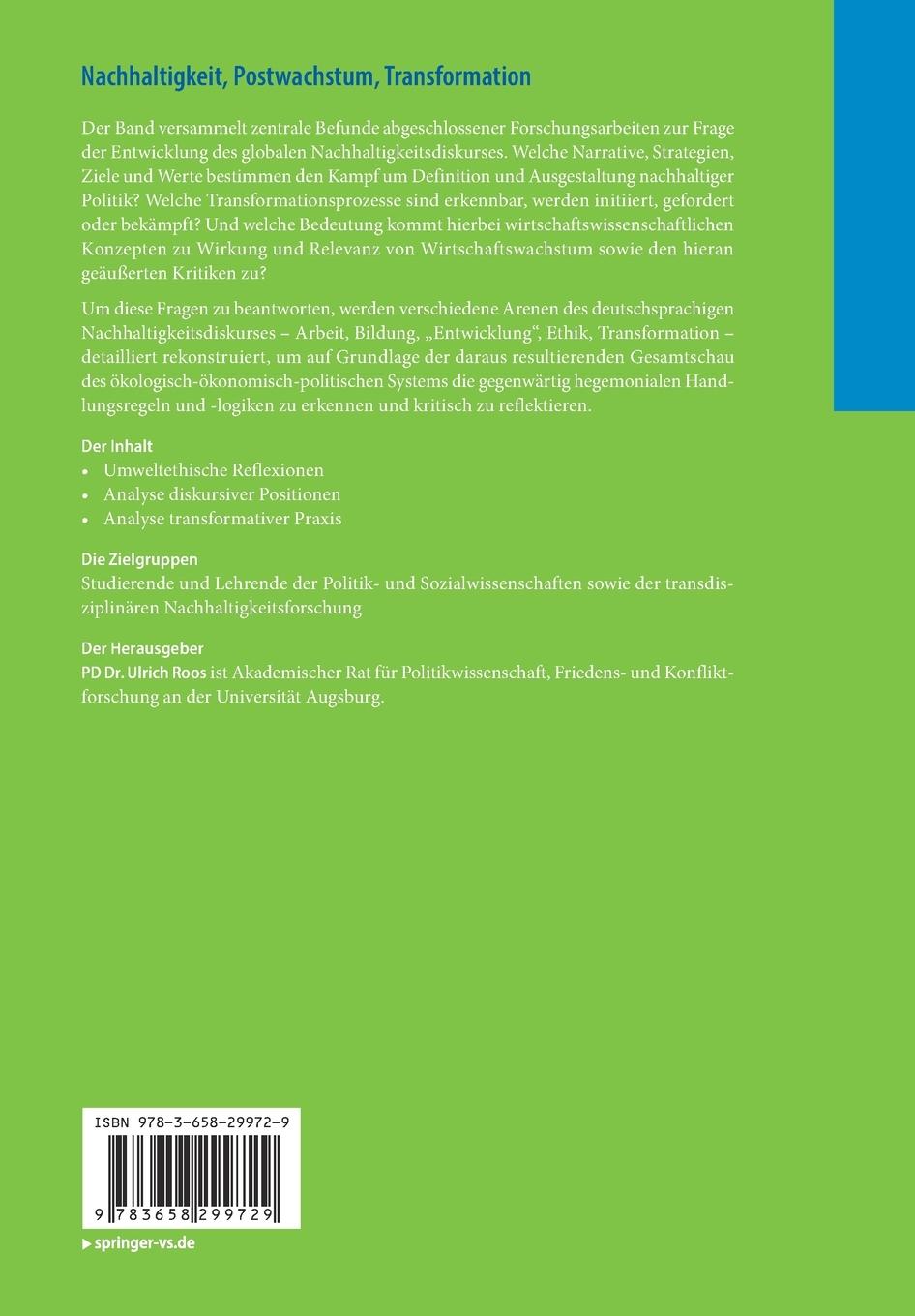 Rückseite: 9783658299729 | Nachhaltigkeit, Postwachstum, Transformation | Ulrich Roos | Buch | vi
