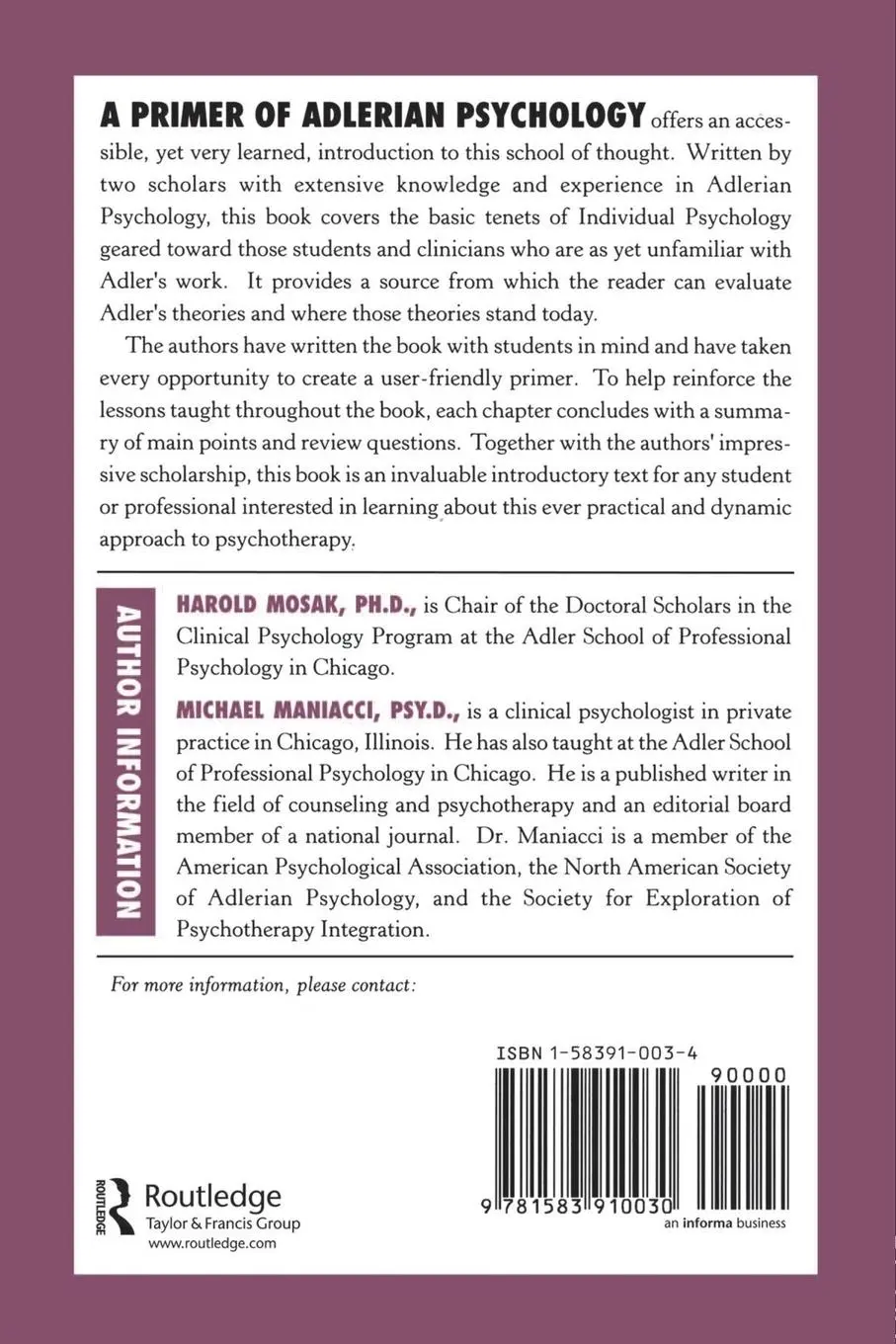 Rückseite: 9781583910030 | Primer of Adlerian Psychology | Harold Mosak (u. a.) | Taschenbuch