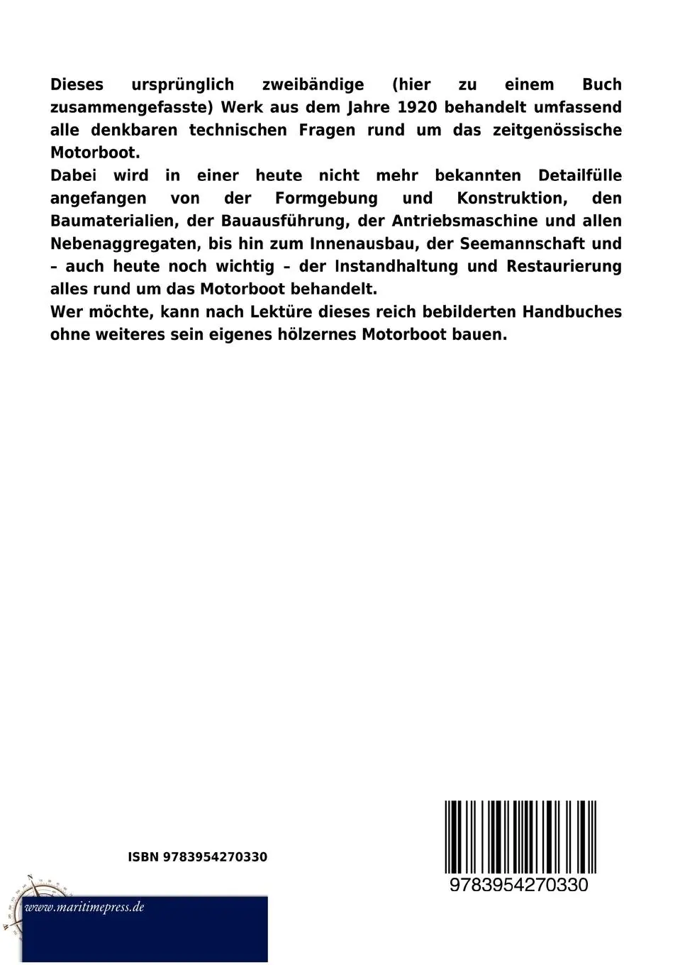 Rückseite: 9783954270330 | Handbuch für klassische Motorboote (1920) | F. -W. von Viebahn (u. a.)